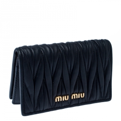 Pre Owned Miu Miu Navy Blue Matelassé Leather Bifold Card Holder