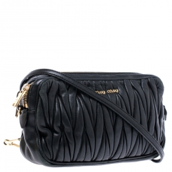 Pre Owned Miu Miu Black Matelasse Nappa Leather Double Zipper Crossbody Bag