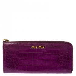 Miu Miu Purple Crocodile Embossed Leather Zip around Wallet