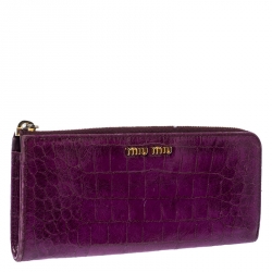 Miu Miu Purple Crocodile Embossed Leather Zip around Wallet