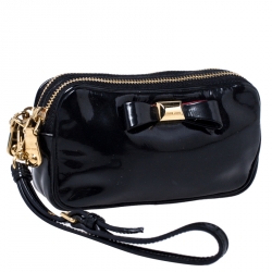 Miu Miu Black Patent Leather Bow Double Zip Wristlet Pouch