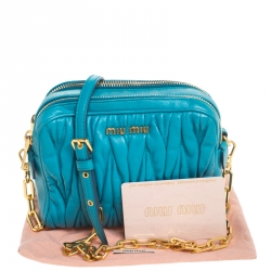 Pre Owned Miu Miu Turquoise Matelasse Leather Double Zip Camera Crossbody Bag