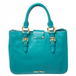 Pre Owned Miu Miu Blue Leather Medium Madras Tote