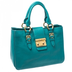Pre Owned Miu Miu Blue Leather Medium Madras Tote