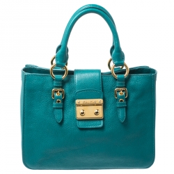 Pre Owned Miu Miu Blue Leather Medium Madras Tote