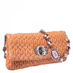 Pre Owned Miu Miu Orange Metallase Patent Leather Crystal Flap Shoulder Bag