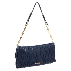 Pre Owned Miu Miu Blue Matelasse Leather Flap Shoulder Bag