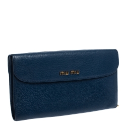 Pre Owned Miu Miu Blue Leather Madras Flap Wallet