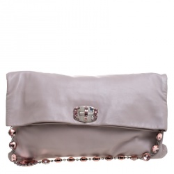 Pre Owned Miu Miu Pink Leather Oversize Crystal Clutch