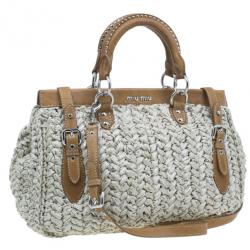 Pre Owned حقيبة يد توت ميو ميو قش بيج وحافة جلد رافية 