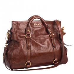 Pre Owned حقيبة ميو ميو جلد فيتيلو لوكس جلد بني داكن بيد علوية