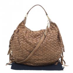 Pre Owned Miu Miu Brown Woven leather Fringe Hobo