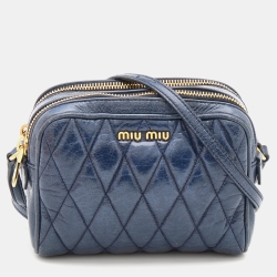 Pre Owned Miu Miu Blue Quilted Leather Camera Crossbody Bag