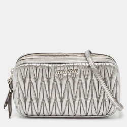 Pre Owned Miu Miu Metallic Grey Matelassé Leather Double Zip Crossbody Bag