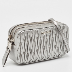Pre Owned Miu Miu Metallic Grey Matelassé Leather Double Zip Crossbody Bag
