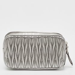 Pre Owned Miu Miu Metallic Grey Matelassé Leather Double Zip Crossbody Bag