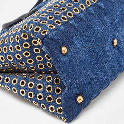 Pre Owned Miu Miu Blue Matelassé Denim Grommet Tote