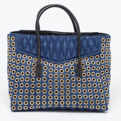 Pre Owned Miu Miu Blue Matelassé Denim Grommet Tote