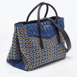 Pre Owned Miu Miu Blue Matelassé Denim Grommet Tote