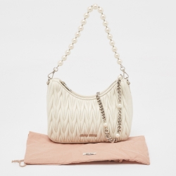 Miu Miu White Matelassé Leather Pearl Embellished Chain Bag