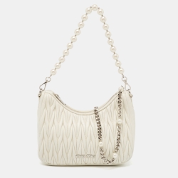 Miu Miu White Matelassé Leather Pearl Embellished Chain Bag