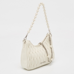 Miu Miu White Matelassé Leather Pearl Embellished Chain Bag