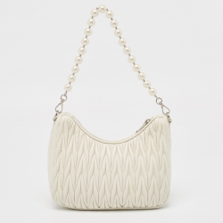 Miu Miu White Matelassé Leather Pearl Embellished Chain Bag