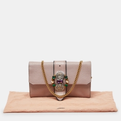 Pre Owned Miu Miu Dusty Pink Leather Crystal Embellished Buckle Flap Chain Clutch