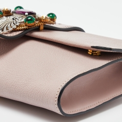 Pre Owned Miu Miu Dusty Pink Leather Crystal Embellished Buckle Flap Chain Clutch