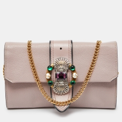Pre Owned Miu Miu Dusty Pink Leather Crystal Embellished Buckle Flap Chain Clutch