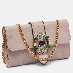 Pre Owned Miu Miu Dusty Pink Leather Crystal Embellished Buckle Flap Chain Clutch