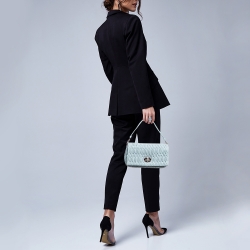 Pre Owned Miu Miu Light Blue Matelassé Leather Crystals Buckle Baguette Bag