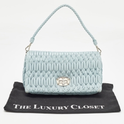 Pre Owned Miu Miu Light Blue Matelassé Leather Crystals Buckle Baguette Bag