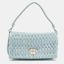 Pre Owned Miu Miu Light Blue Matelassé Leather Crystals Buckle Baguette Bag