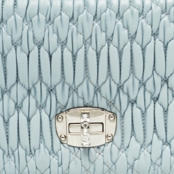 Pre Owned Miu Miu Light Blue Matelassé Leather Crystals Buckle Baguette Bag