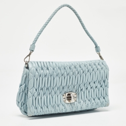 Pre Owned Miu Miu Light Blue Matelassé Leather Crystals Buckle Baguette Bag