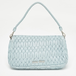 Pre Owned Miu Miu Light Blue Matelassé Leather Crystals Buckle Baguette Bag