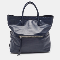 مملوكة مسبقًا Miu Miu Navy Blue Vitello Soft Leather Front Pocket Shopper Tote