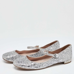 Pre Owned Miu Miu Silver Glitter Mary Jane Ballet Flats Size 41