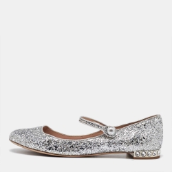 Pre Owned Miu Miu Silver Glitter Mary Jane Ballet Flats Size 41