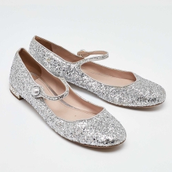Pre Owned Miu Miu Silver Glitter Mary Jane Ballet Flats Size 41