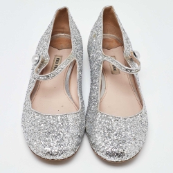 Pre Owned Miu Miu Silver Glitter Mary Jane Ballet Flats Size 41