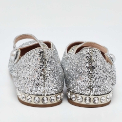 Pre Owned Miu Miu Silver Glitter Mary Jane Ballet Flats Size 41