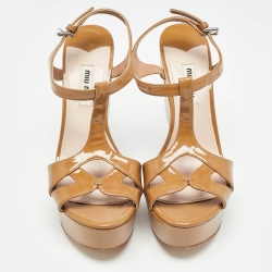 Miu Miu Beige Patent Leather T Strap Platform Sandals Size 37