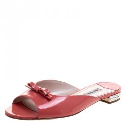 Miu Miu Coral Patent Leather Bow Detail Jeweled Heel Flat Slides Size 38