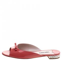 Miu Miu Coral Patent Leather Bow Detail Jeweled Heel Flat Slides Size 38