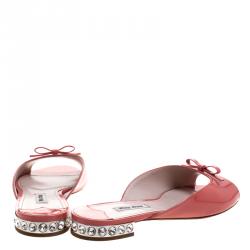 Miu Miu Coral Patent Leather Bow Detail Jeweled Heel Flat Slides Size 38
