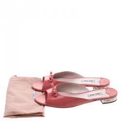 Miu Miu Coral Patent Leather Bow Detail Jeweled Heel Flat Slides Size 38