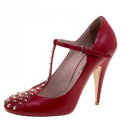 Pre Owned حذاء كعب عالي ميو ميو ماري جين جلد مرصع أحمر مقاس 39