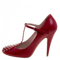 Pre Owned حذاء كعب عالي ميو ميو ماري جين جلد مرصع أحمر مقاس 39